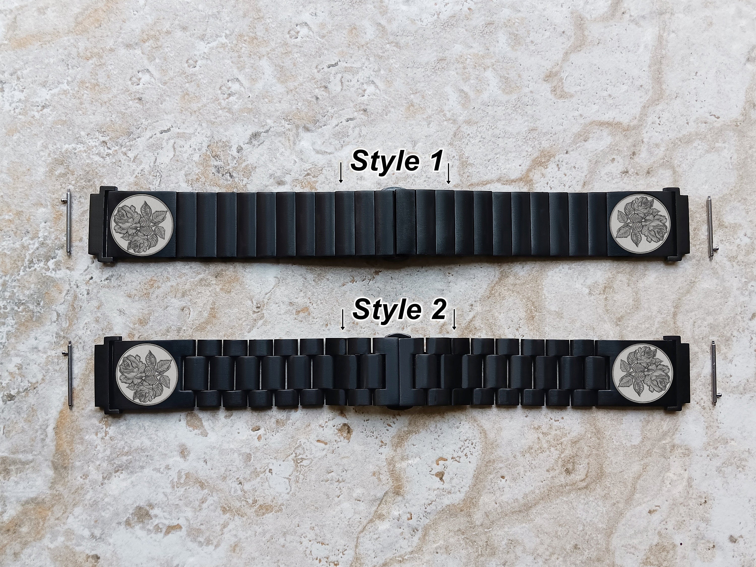 Google Pixel Watch 3 2 1 41mm Engraved Roses Floral Watch Band Stainless Steel Tooled Black Color Bracelet Strap RS1 -A20